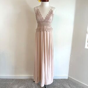 MILA Lace Trim Maxi Dress Blush Pink Boho Coquette Cottagecore Romantic Fairy M